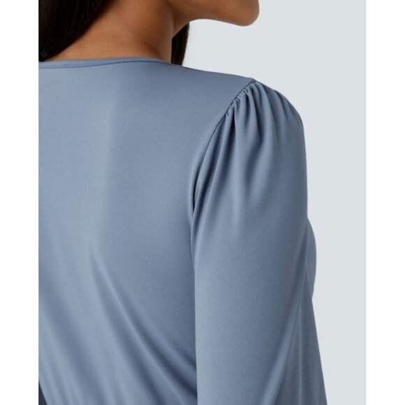 Halara V Neck Long Sleeve Tulip Hem Midi Dress Sz Medium Blue Womens - Picture 15 of 16